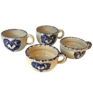 YESTERYEARS MARSHALL POTTERY Blue Heart Stoneware Mug Soup Crock Set Rustic USA